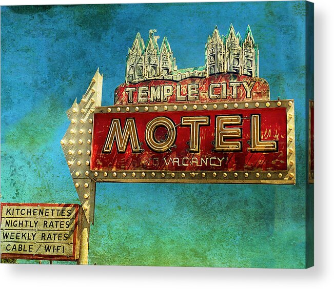 Motel Roadsign Sign Vintagesign Neonsign Neon Saltlakecity Landmark Utah Acrylic Print featuring the photograph Temple City Motel by Meg McCormick