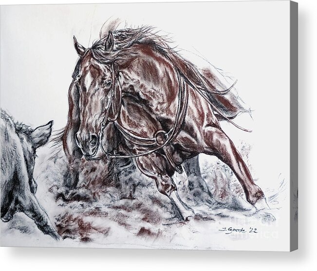 Cutting Horse Acrylic Print featuring the drawing The Dance by Jana Goode