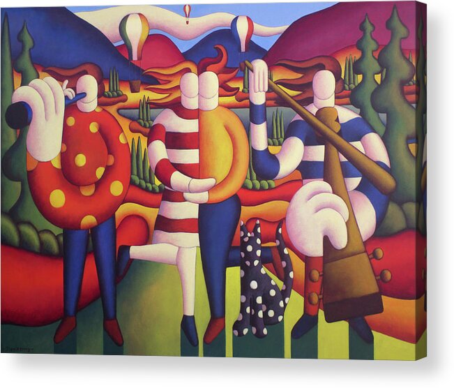 The Lovers Session With Balloons And Polka Dog Acrylic Print featuring the painting The Lovers session with balloons and polka cat by Alan Kenny