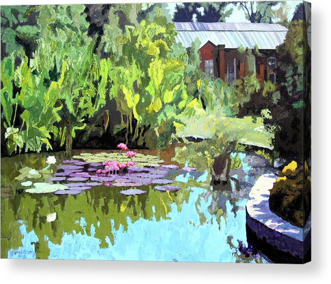 Water Lily Acrylic Print featuring the painting The Piper Palm House by John Lautermilch