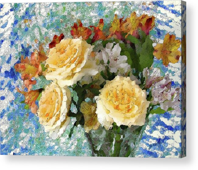 Rose Acrylic Print featuring the photograph Three Yellow Roses on Blues by Corinne Carroll