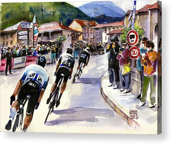 Le Tour De France Acrylic Print featuring the painting Through the Town Stage 16 TDF2021 by Shirley Peters