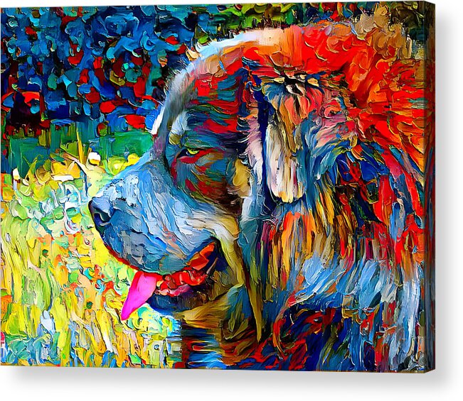 Tibetan Mastiff Acrylic Print featuring the digital art Tibetan Mastiff dog sitting profile with its mouth open - colorful palette knife oil texture by Nicko Prints