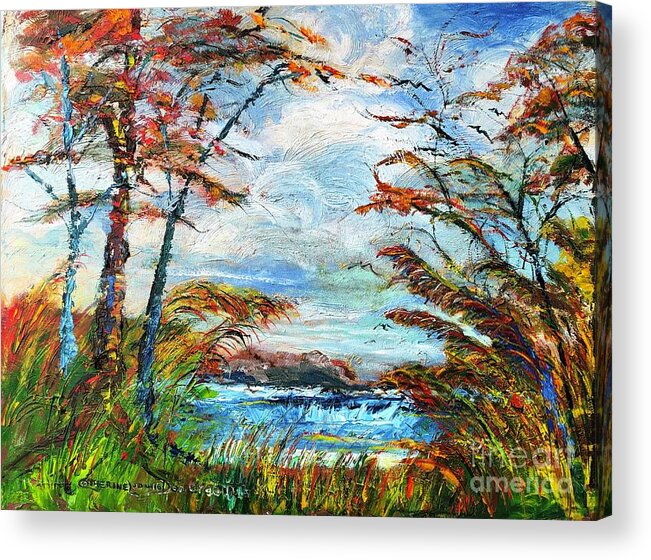 Lake Acrylic Print featuring the painting Colorful Cheerful Autumn Lake Oil Painting by Catherine Ludwig Donleycott