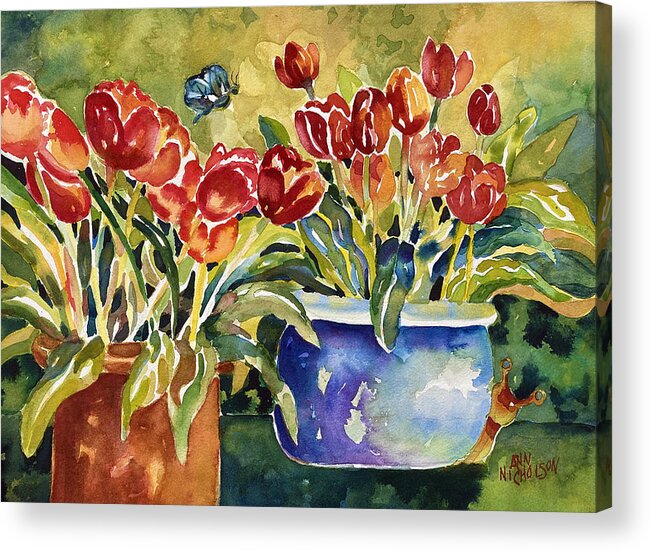 Red Tulips Acrylic Print featuring the painting Tulips in Pots by Ann Nicholson