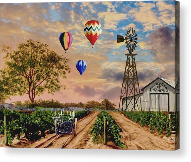 Twilight Vineyard Cart Wagon Morning Ride Balloons Over The Winery Windmill Horse Shed Pine Trees Balloon Hot Air Vineyard Grapes Barn Mountain Range Temecula Festival Valley An Am As At If In Is It Of On Or Us A Be He Me We Do No So To By Than From And The This But For With Western Landscape Scape Ron Ronnie Ronald K Chambers Rkc Last Wagon Maurice Carrie Winery Temecula Valley Rides Country New Mexico Fiesta International Country Western Wagon Wheel Balloon Wine Mill Wind Acrylic Print featuring the painting Twilight at the Vineyard by Ron Chambers