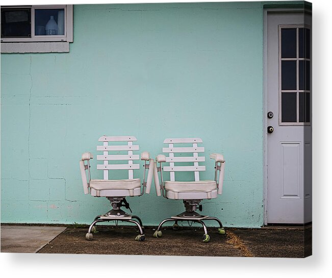 Fishing Acrylic Print featuring the photograph Two White Chairs by Steve Stanger