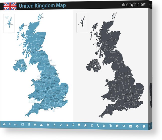 Black Color Acrylic Print featuring the drawing United Kingdom Map - Infographic Set by Pop_jop
