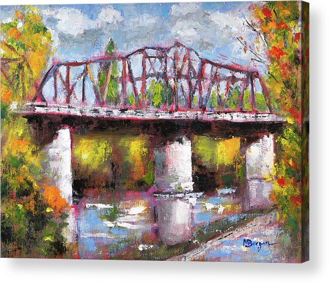 Van Buren Bridge Acrylic Print featuring the painting Van Buren Bridge, Corvallis by Mike Bergen