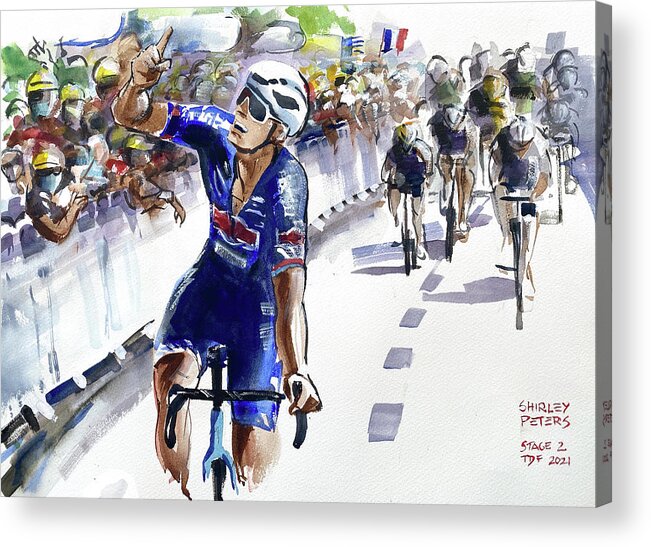 Le Tour De France Acrylic Print featuring the painting Van de Poel Wins Stage 2, TDF2021 by Shirley Peters