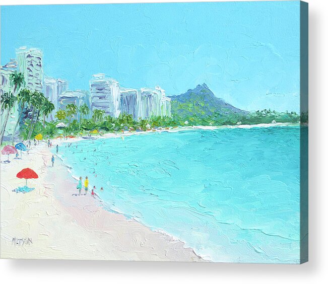 Beach Acrylic Print featuring the painting Waikiki beach Honolulu Hawaii, beach scene impression by Jan Matson