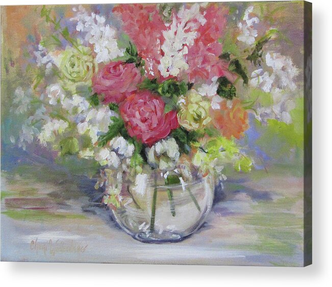 Floral Print Acrylic Print featuring the painting Water Vase With Pink Roses and White Flowers by Cheri Wollenberg