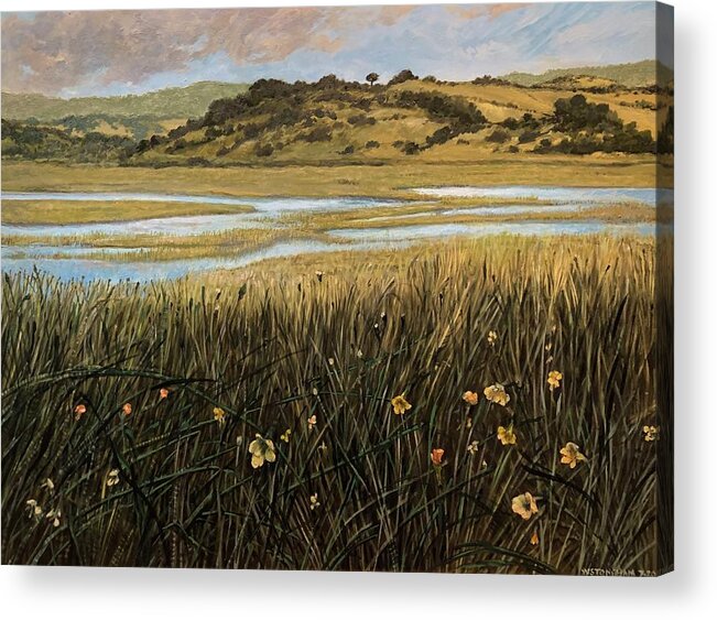 Hills Acrylic Print featuring the painting Wetlands Drakes Lagoon by William Stoneham