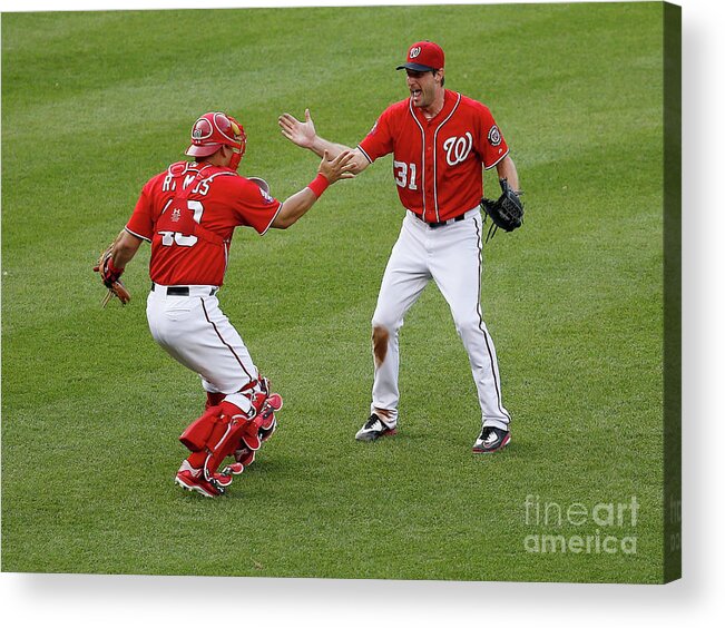 Baseball Catcher Acrylic Print featuring the photograph Wilson Ramos and Max Scherzer by Rob Carr