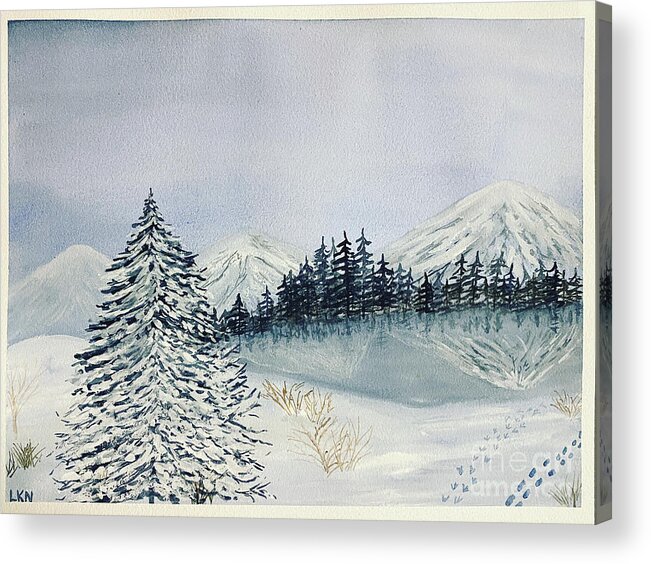 Winter Acrylic Print featuring the painting Winter Tree and Mountains by Lisa Neuman