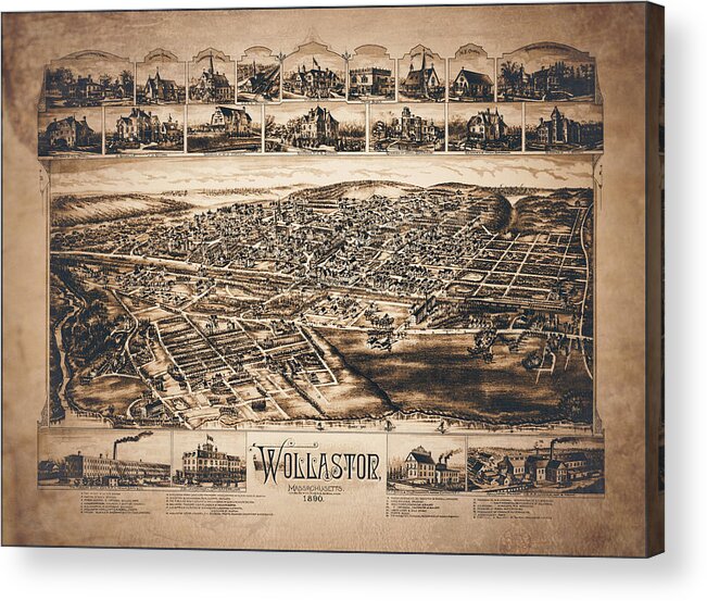 Wollaston Acrylic Print featuring the photograph Wollaston Massachusetts Antique Map Birds Eye View 1890 Sepia by Carol Japp