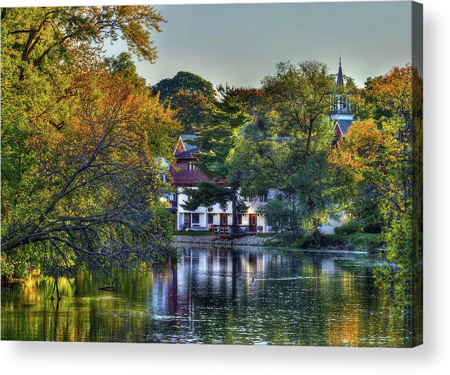 Yahara River Stoughton Wi Downtown Church Sunset Golden Autumn Fall Tranquil Acrylic Print featuring the photograph Yahara River in Stoughton WI by Peter Herman