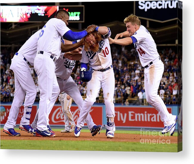 Ninth Inning Acrylic Print featuring the photograph Yasiel Puig and Justin Turner by Harry How