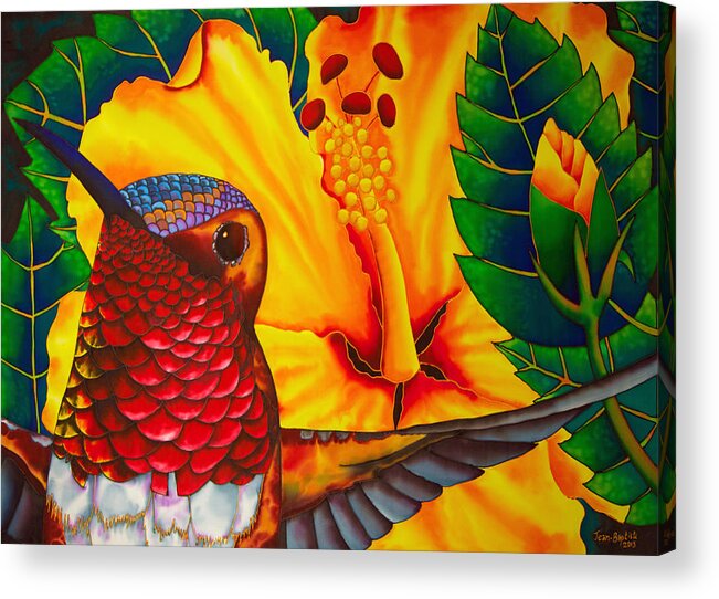 Hibiscus Flower Acrylic Print featuring the painting Rufous Hummingbird - Exotic Bird by Daniel Jean-Baptiste