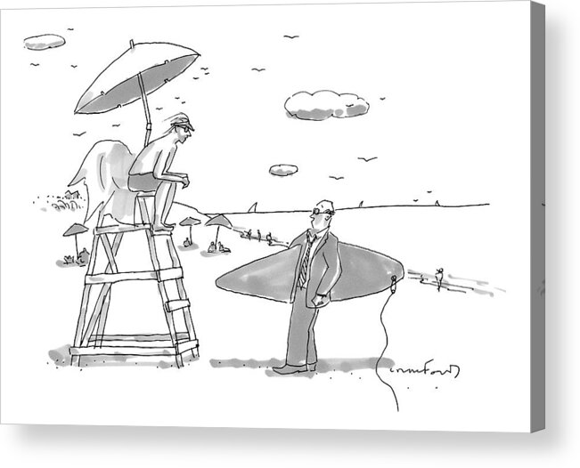 Swimming-lifeguards Acrylic Print featuring the drawing A Man In A Suit Is Seen Holding A Surfboard #1 by Michael Crawford