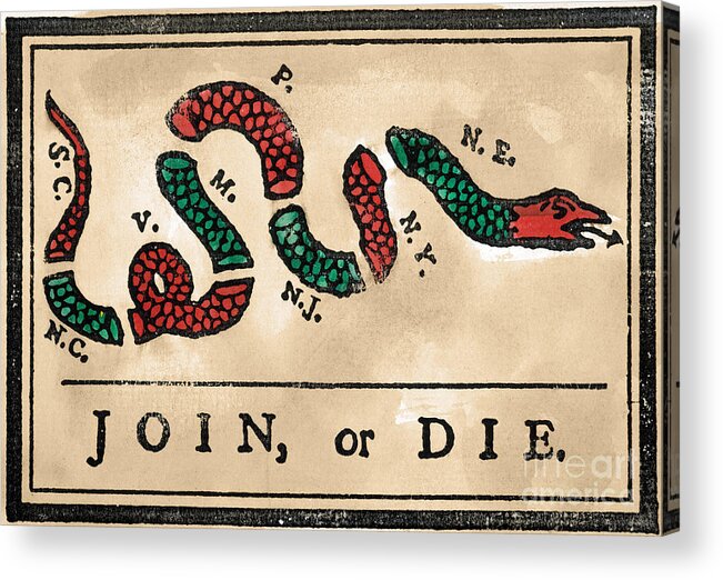 1754 Acrylic Print featuring the painting Join Or Die Cartoon 1754 by Benjamin Franklin