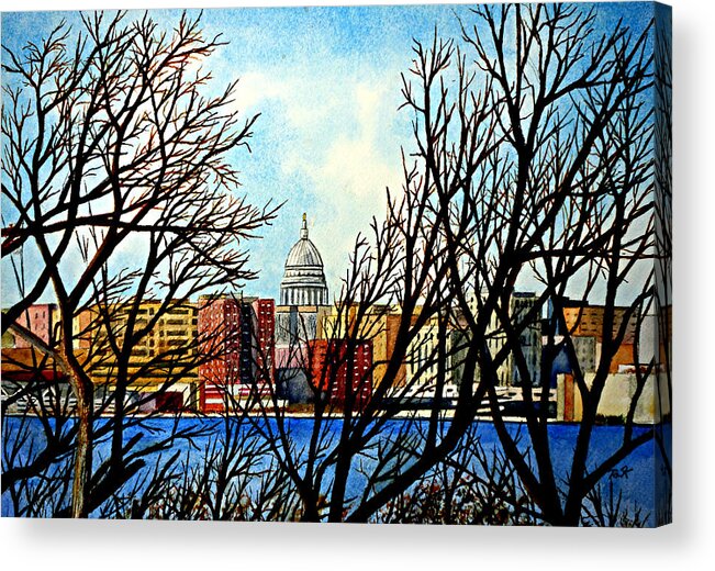 Wisconsin Acrylic Print featuring the painting Madison Treed by Thomas Kuchenbecker