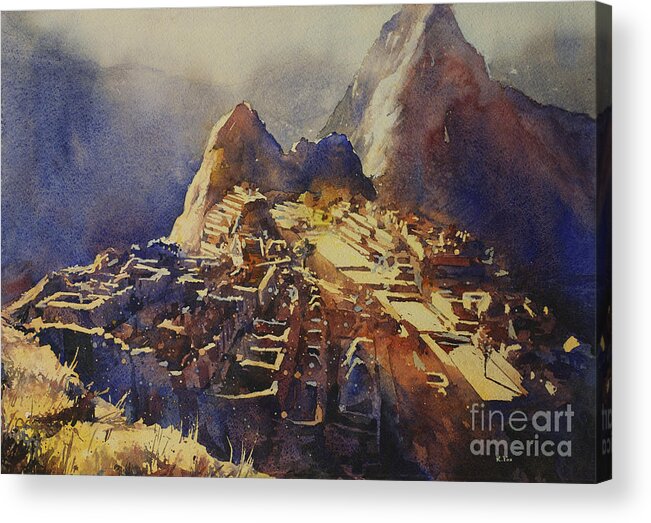 Machu Picchu Acrylic Print featuring the painting Watercolor painting Machu Picchu Peru #2 by Ryan Fox