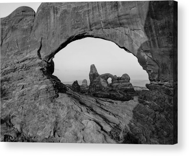 America Acrylic Print featuring the photograph Wide Angle of Turret Arch through the North Window in Black and White by Gregory Ballos