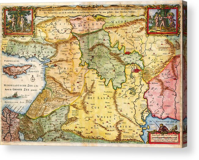 1657 Visscher Map Of The Holy Land Or The Earthly Paradise Geographicus Gelengentheyt Visscher 1657 Acrylic Print featuring the painting 1657 Visscher Map of the Holy Land or the Earthly Paradise Geographicus Gelengentheyt visscher 1657 by MotionAge Designs