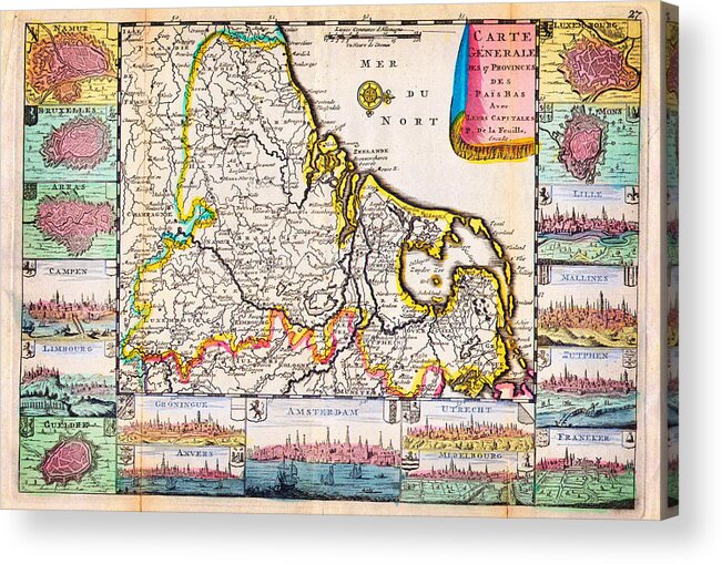 1710 De La Feuille Map Of The Netherlands Belgium And Luxembourg Geographicus 17provinces Laveuille 1710 Acrylic Print featuring the painting 1710 De La Feuille Map of the Netherlands Belgium and Luxembourg Geographicus 17Provinces laveuille by MotionAge Designs