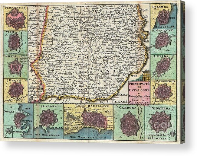 A Stunning Map Of Catalonia Acrylic Print featuring the photograph 1747 La Feuille Map of Catalonia Spain by Paul Fearn
