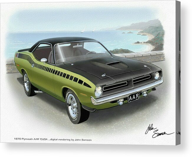 Aar Cuda Acrylic Print featuring the painting 1970 BARRACUDA AAR Cuda muscle car sketch rendering by John Samsen