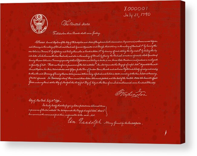 Patent Acrylic Print featuring the digital art First Patent Issued in the U.S.A. #2 by Marlene Watson