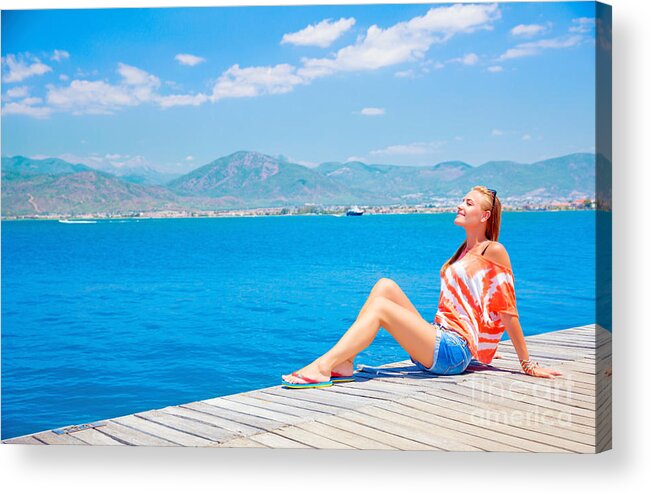 Beautiful Acrylic Print featuring the photograph Happy woman at yacht port #2 by Anna Om