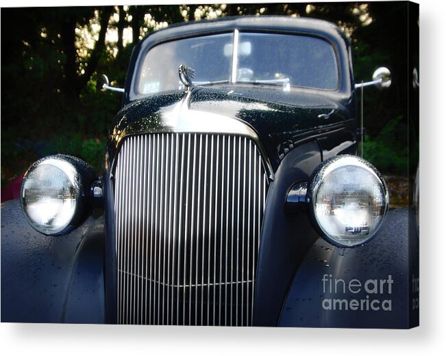 1937 Restored Chevy Color Blue Showing Closeup Of Front Grill And Lights Acrylic Print featuring the photograph 37 Chevy by Jim Calarese