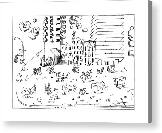 118427 Sst Saul Steinberg (montage Of Dogs In The City.) Animals Antiques Barking Best Buddies Canines Cartoons Cat City Cityscape Consisting Construction Desks Dog Doggie Dogs Friend Ground Hole Looking Man's Noses Out Pet Pets Pooch Puppies Puppy Spread Store Street Their Three-page Two Urban Walking Windows Acrylic Print featuring the drawing New Yorker September 19th, 1977 by Saul Steinberg