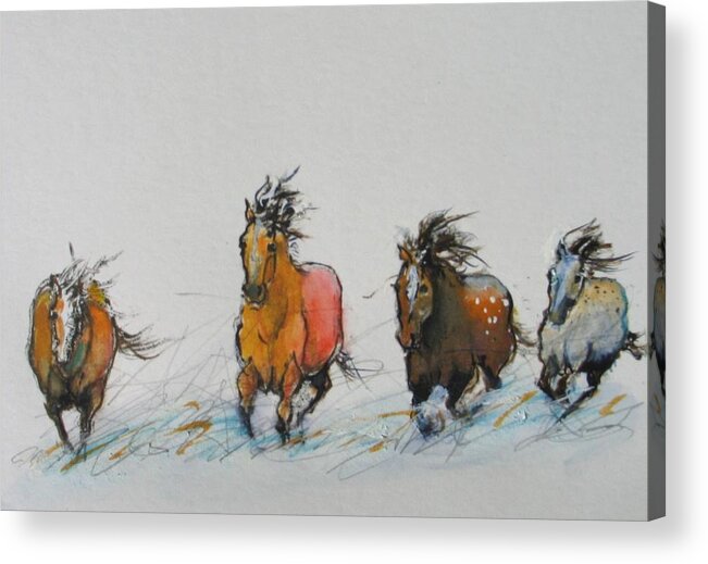 Horses Acrylic Print featuring the painting 4 On The Run by Elizabeth Parashis
