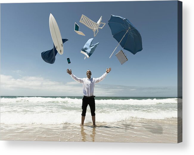 Protection Acrylic Print featuring the photograph A Man Stands In The Ocean With Items by Ben Welsh