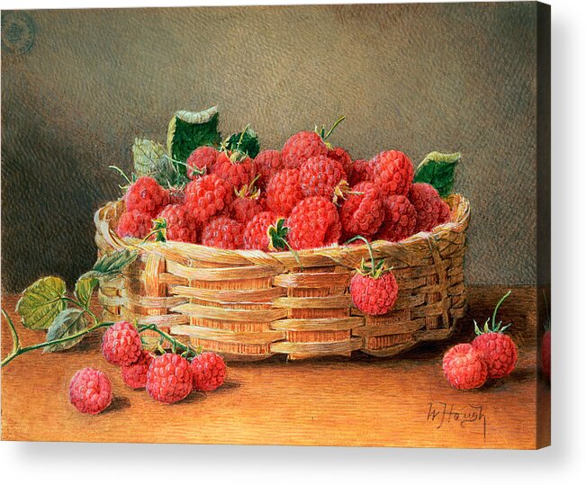 Fruit Acrylic Print featuring the painting A Still Life of Raspberries in a Wicker Basket by William B Hough