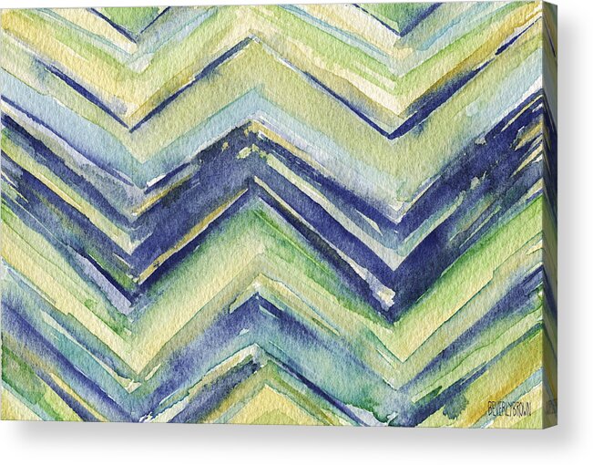 Abstract Acrylic Print featuring the painting Abstract Watercolor Painting - Blue Yellow Green Chevron Pattern by Beverly Brown Prints