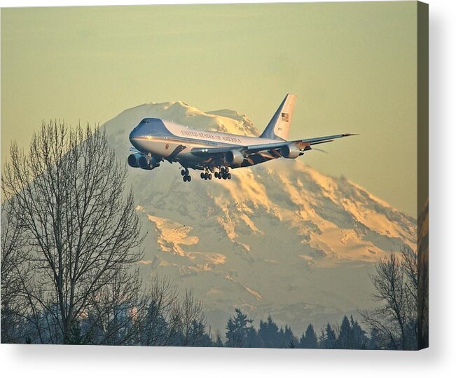 Air Force One Acrylic Print featuring the photograph Air Force One and Mt Rainier by Jeff Cook
