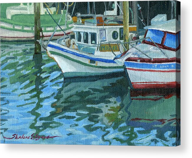Boats Acrylic Print featuring the painting Alaskan Boats in Rippling Water by Shalece Elynne