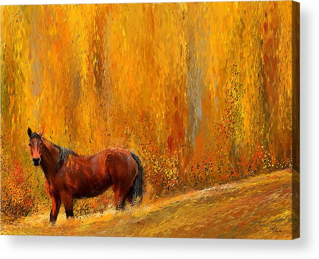 Bay Horse Paintings Acrylic Print featuring the painting Alone In Grandeur- Bay Horse Paintings by Lourry Legarde