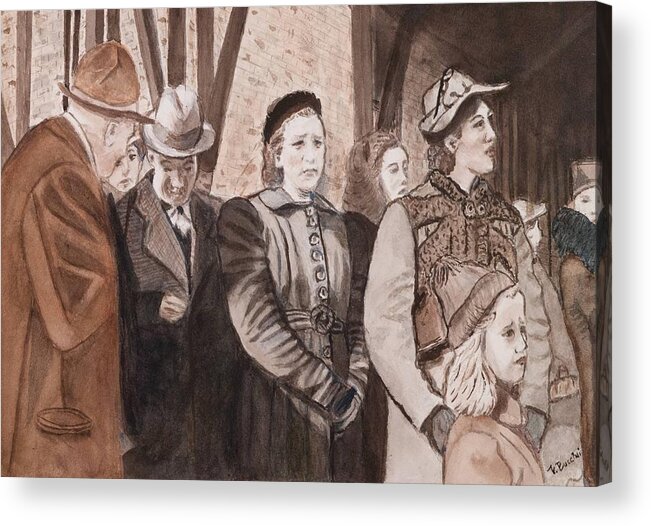 1940's War Sepia Print Train Station Women Acrylic Print featuring the painting Anticipated Arrival by Vickie G Buccini