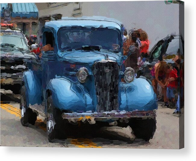 Blue Acrylic Print featuring the digital art Antique Chevy truck in parade by George Ferrell