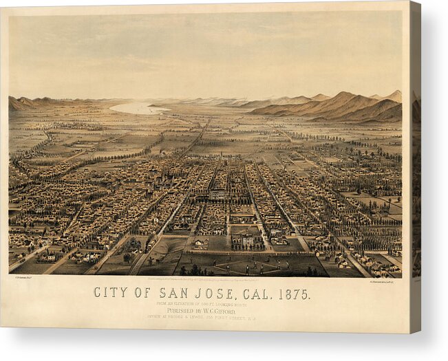 San Jose Acrylic Print featuring the drawing Antique Map of San Jose California by Charles B. Gifford - 1875 by Blue Monocle