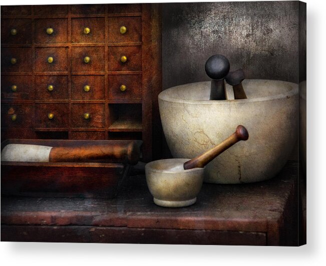 Suburbanscenes Acrylic Print featuring the photograph Apothecary - Pestle and Drawers by Mike Savad