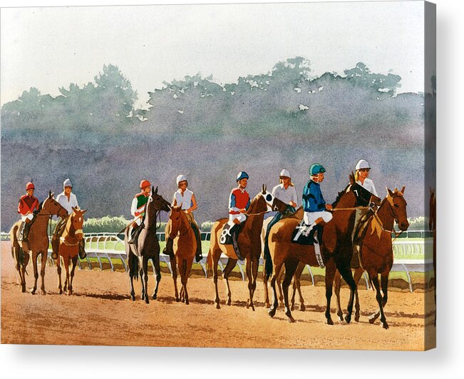 Horse Racing Acrylic Print featuring the painting Approaching the Starting Gate by Mary Helmreich