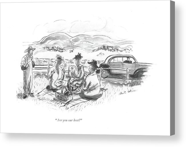 110611 Hho Helen E. Hokinson Farmer And Picnic Party. Country Countryside Farmer Farmers ?eld ?elds Intrude Intruding Landscape Landscapes Leisure Lunch Lunches Natural Nature Own Owner Party Pasture Pastures Picnic Picnics Property Rural Trespass Trespassing Acrylic Print featuring the drawing Are You Our Host? by Helen E. Hokinson