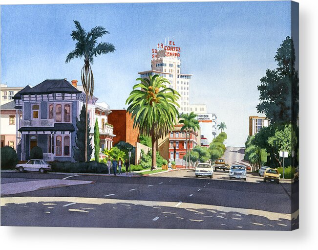 San Diego Acrylic Print featuring the painting Ash and Second Avenue in San Diego by Mary Helmreich